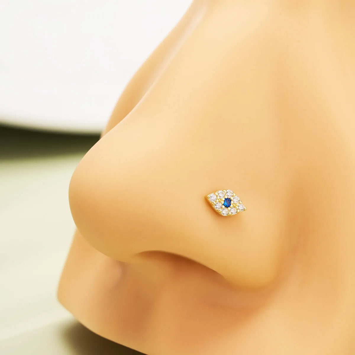 14K Solid Gold Evil Eye L-shaped Nose Stud