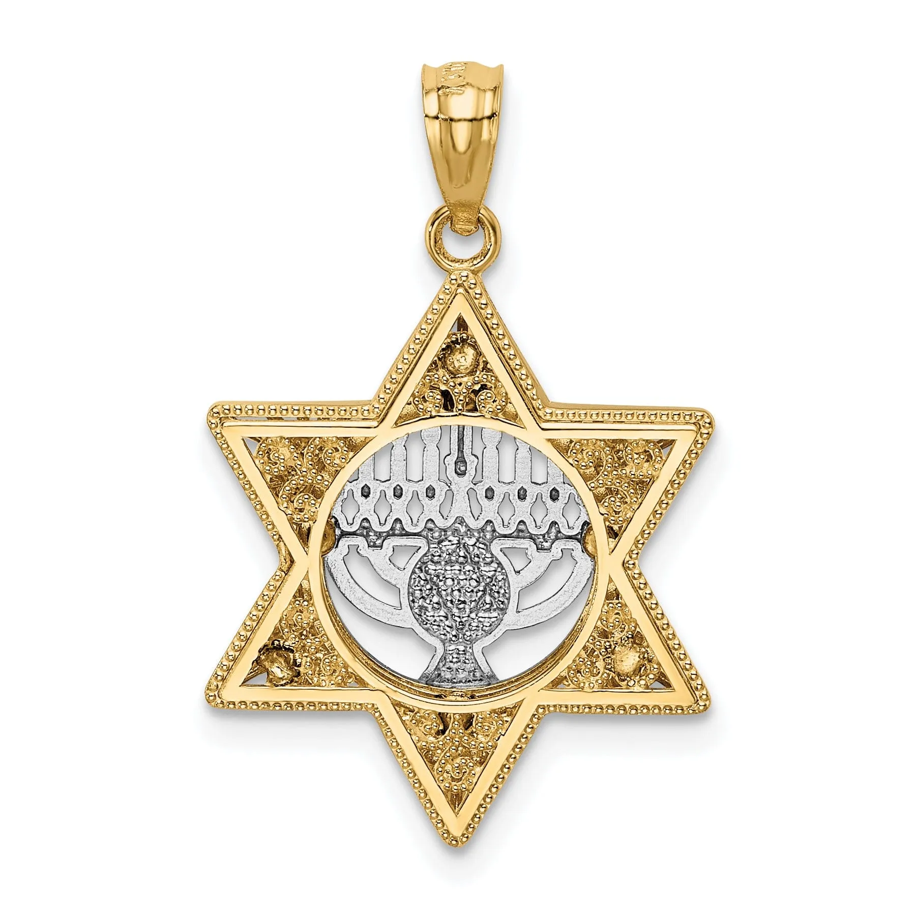 14K Yellow Gold Polish Texture Finish 3D Star Of David Menorah Pendant