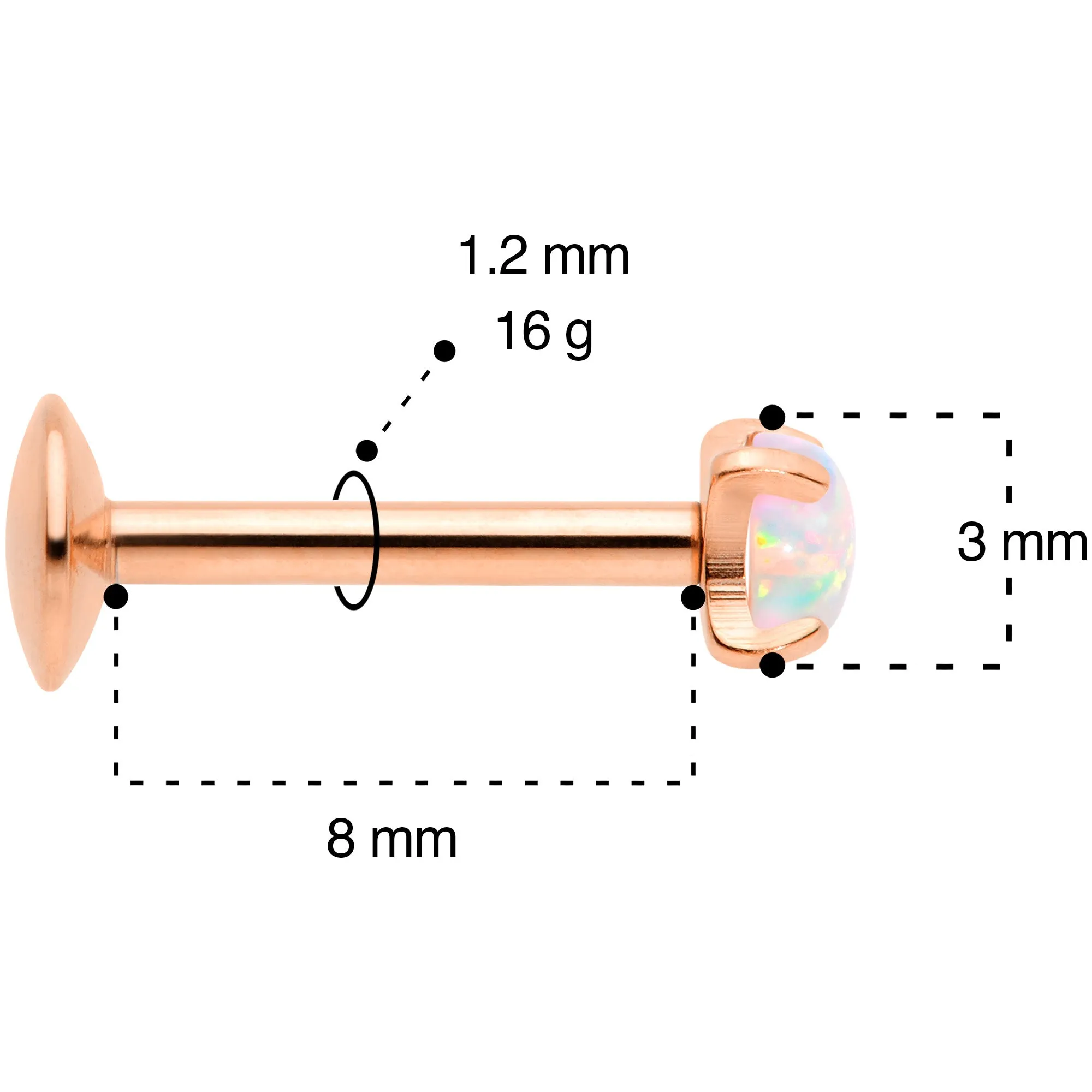 16G 5/16 3mm Syn Opal Rose Gold G23 Titanium Internal Thread Labret