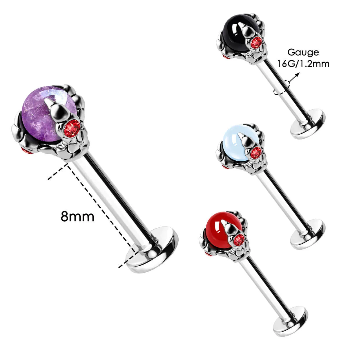 16G Amethyst/Opalite/Obsidien/Red Agate Stone Internally Threaded Labret Cartilage Stud