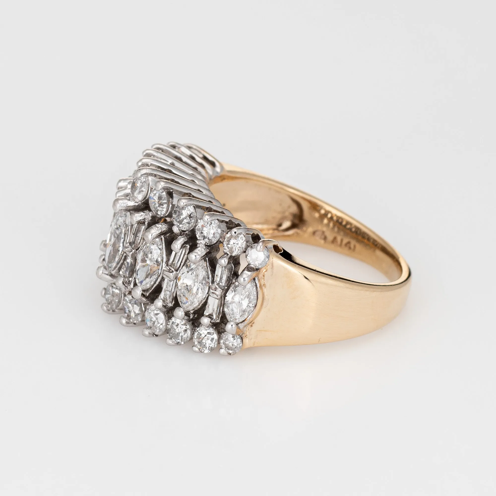 1.80ct Mixed Cut Diamond Ring Vintage 14k Yellow Gold 3 Row Dome Jewelry Sz 7.5