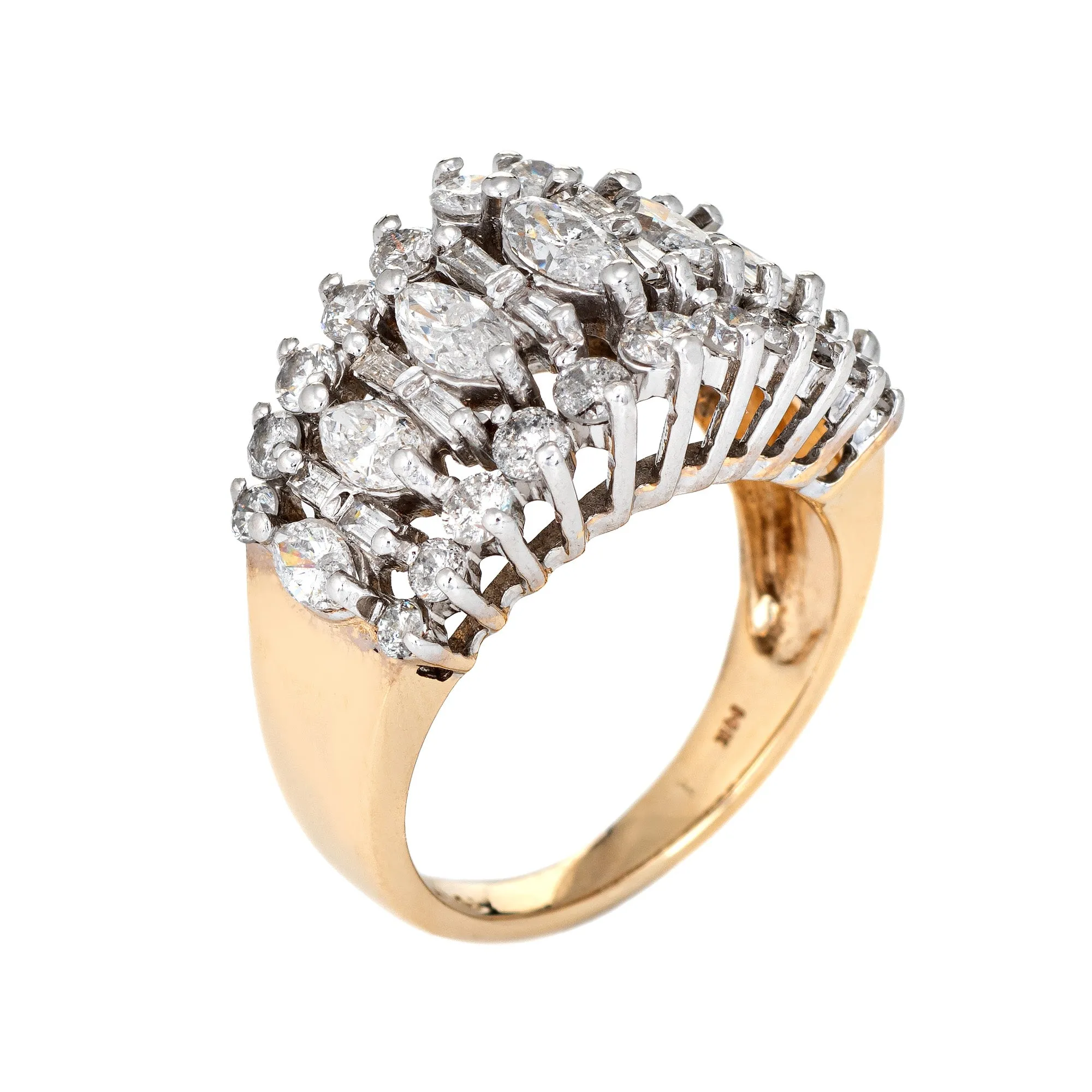 1.80ct Mixed Cut Diamond Ring Vintage 14k Yellow Gold 3 Row Dome Jewelry Sz 7.5