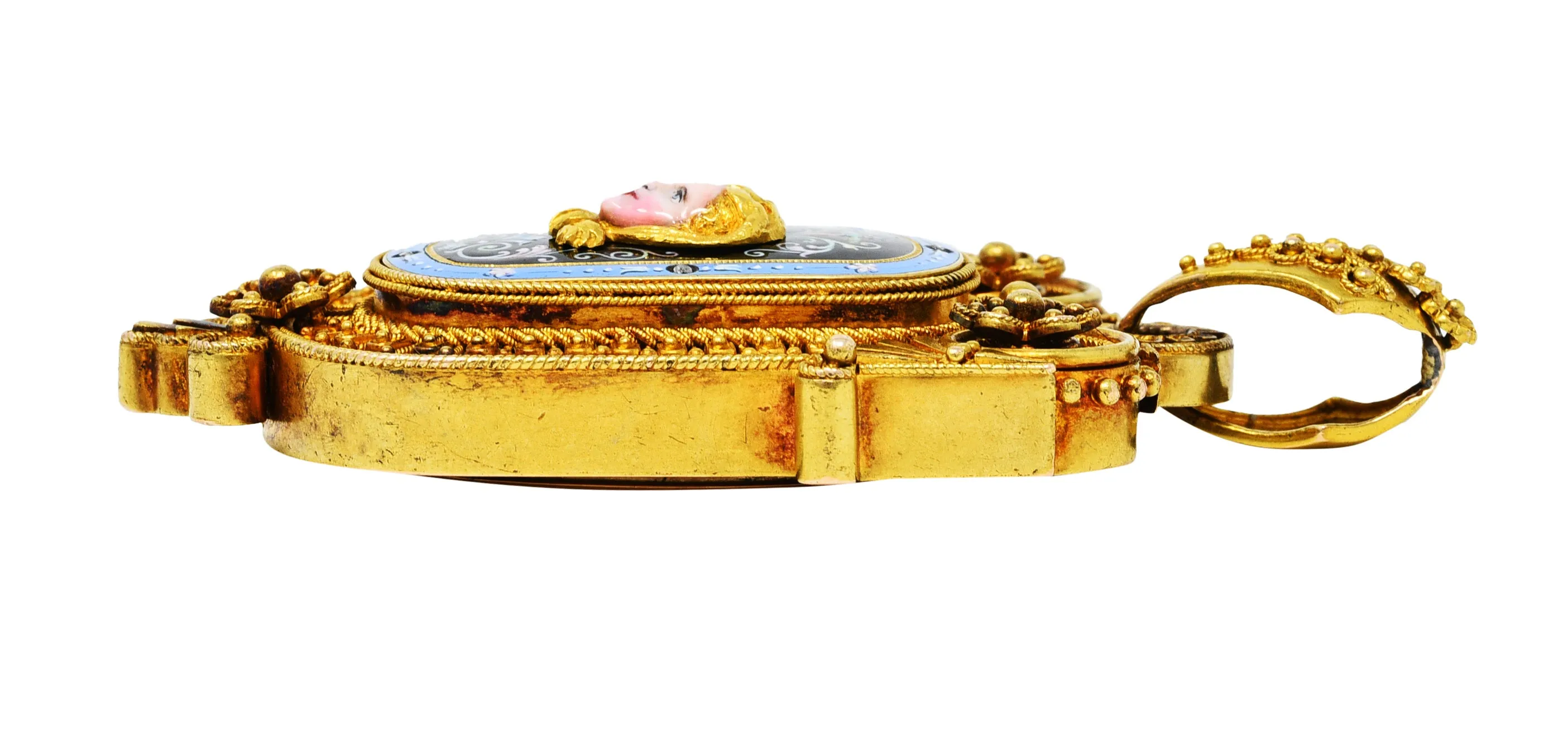 1870's Baroque Enamel Diamond 14 Karat Gold Mourning Locket Pendant