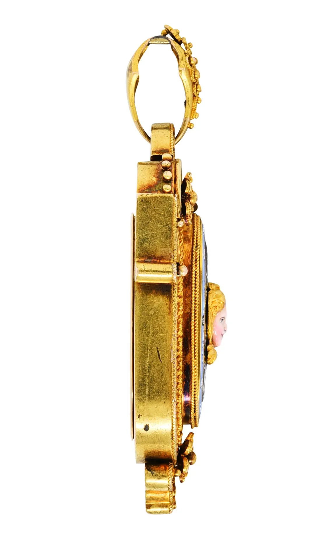 1870's Baroque Enamel Diamond 14 Karat Gold Mourning Locket Pendant