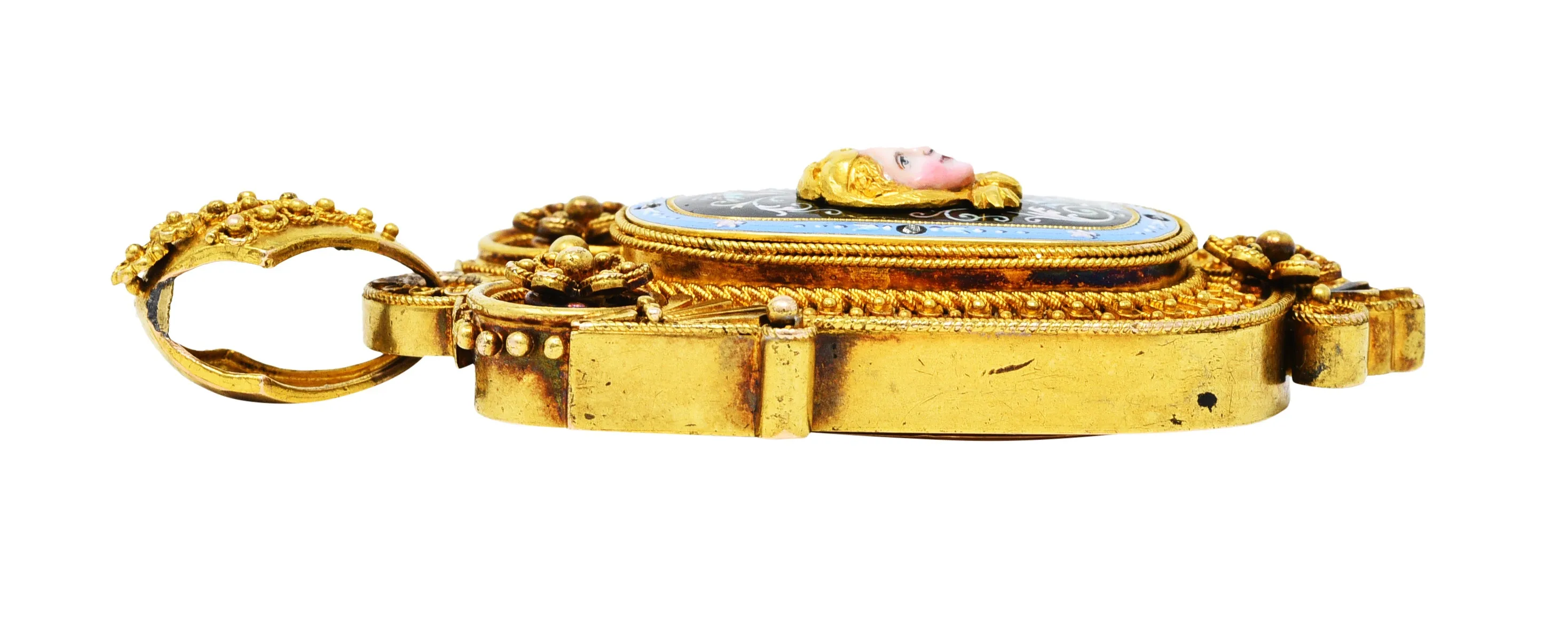1870's Baroque Enamel Diamond 14 Karat Gold Mourning Locket Pendant