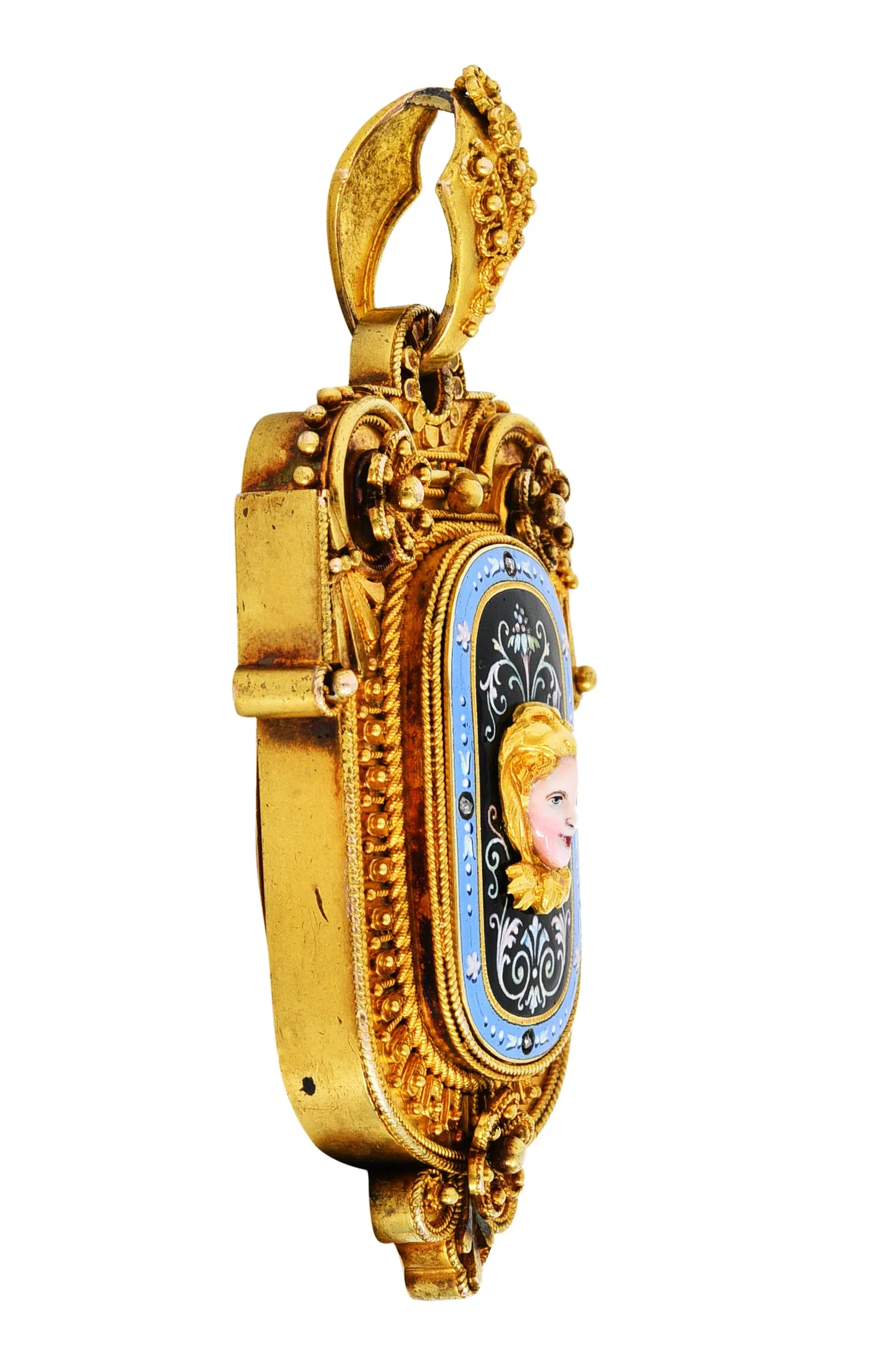 1870's Baroque Enamel Diamond 14 Karat Gold Mourning Locket Pendant