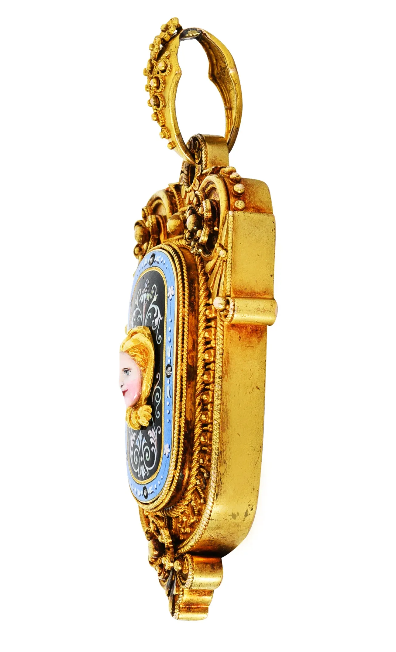 1870's Baroque Enamel Diamond 14 Karat Gold Mourning Locket Pendant
