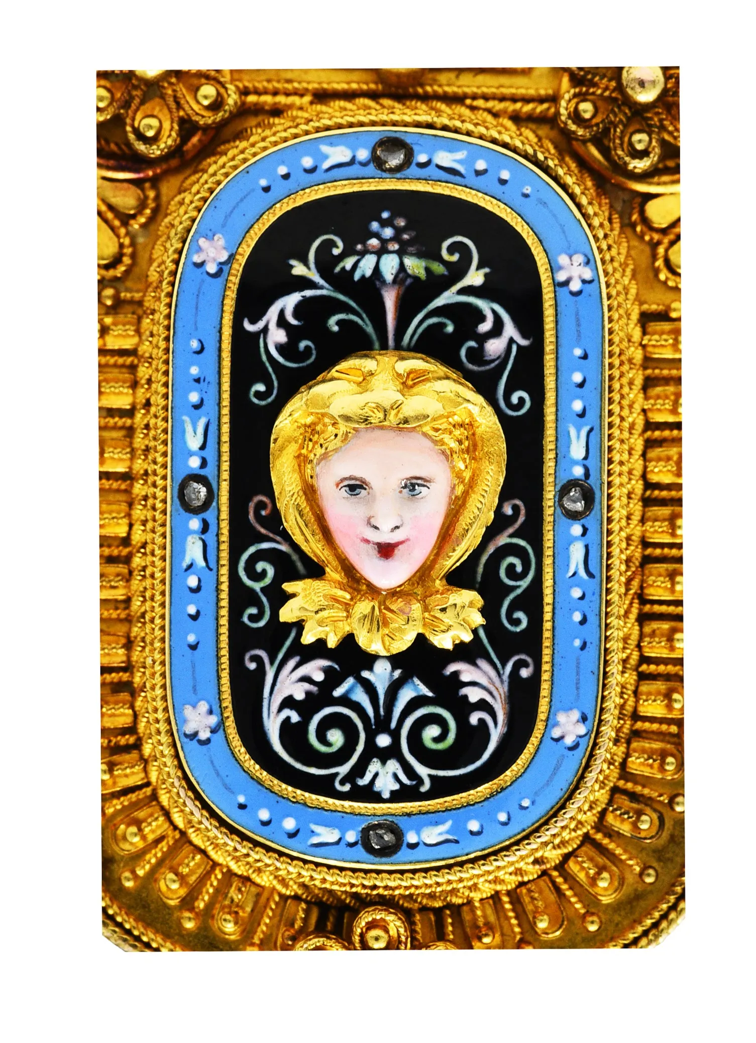 1870's Baroque Enamel Diamond 14 Karat Gold Mourning Locket Pendant
