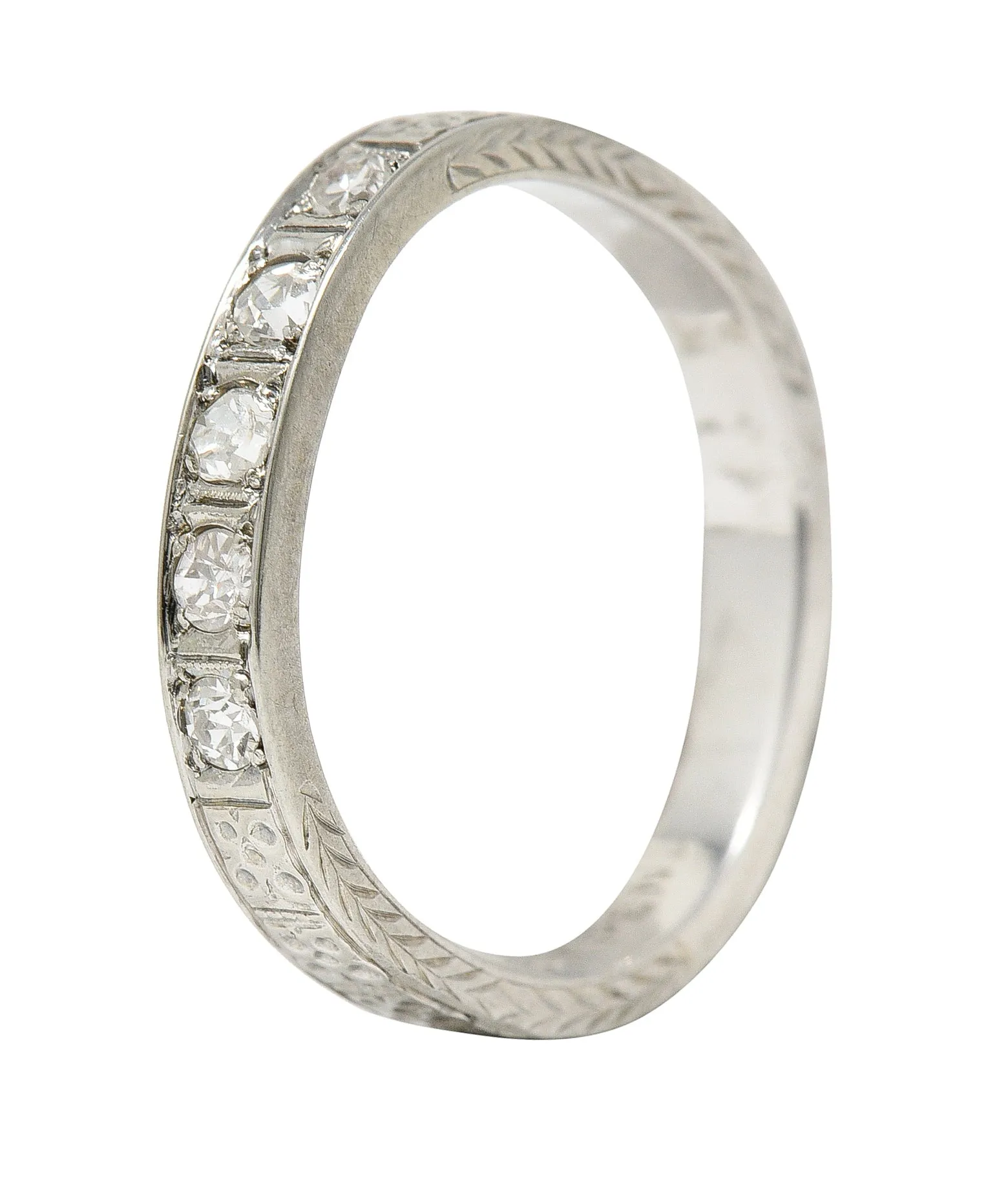 1930's Art Deco Diamond 18 Karat White Gold Wheat I Love You Vintage Band Ring