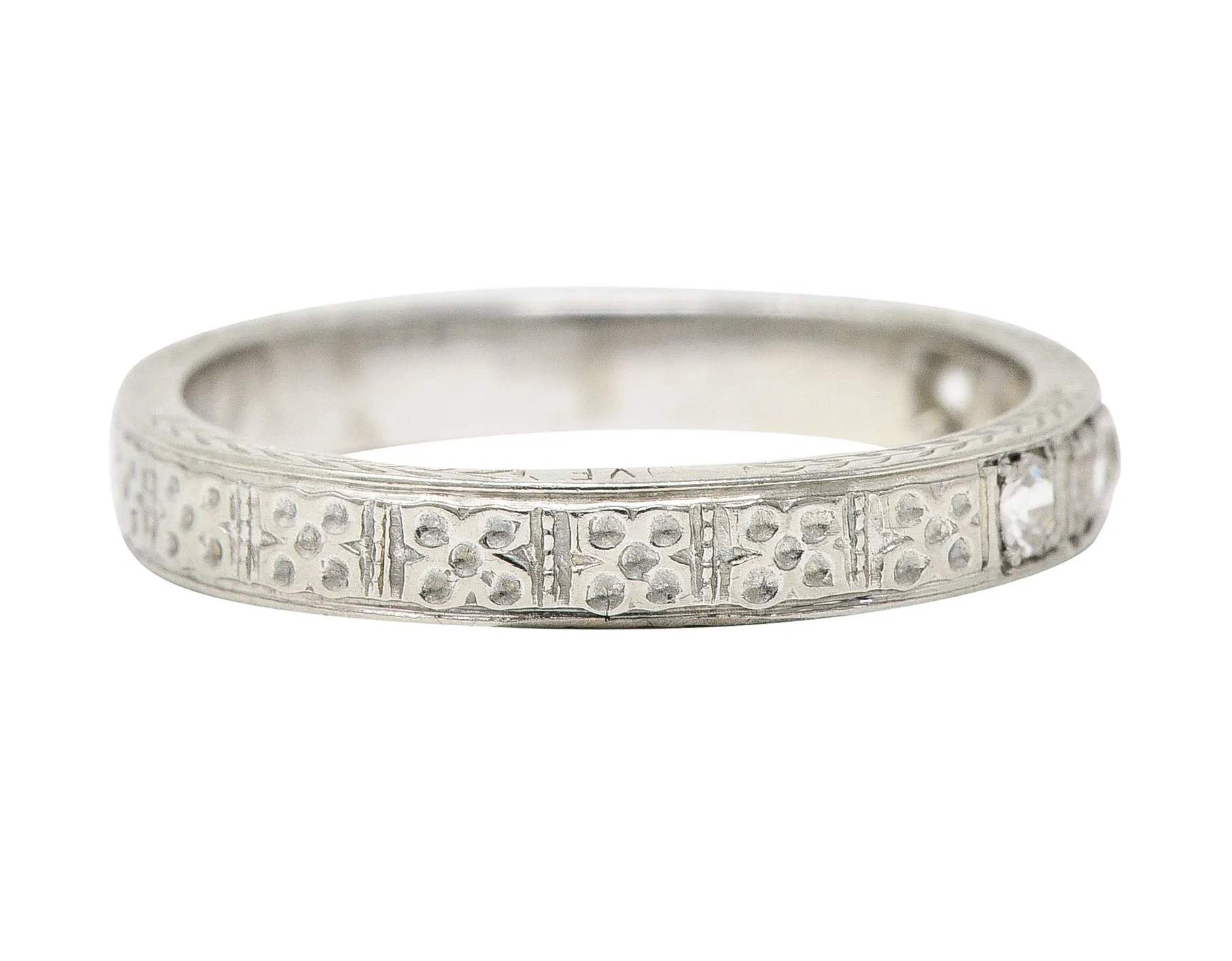 1930's Art Deco Diamond 18 Karat White Gold Wheat I Love You Vintage Band Ring