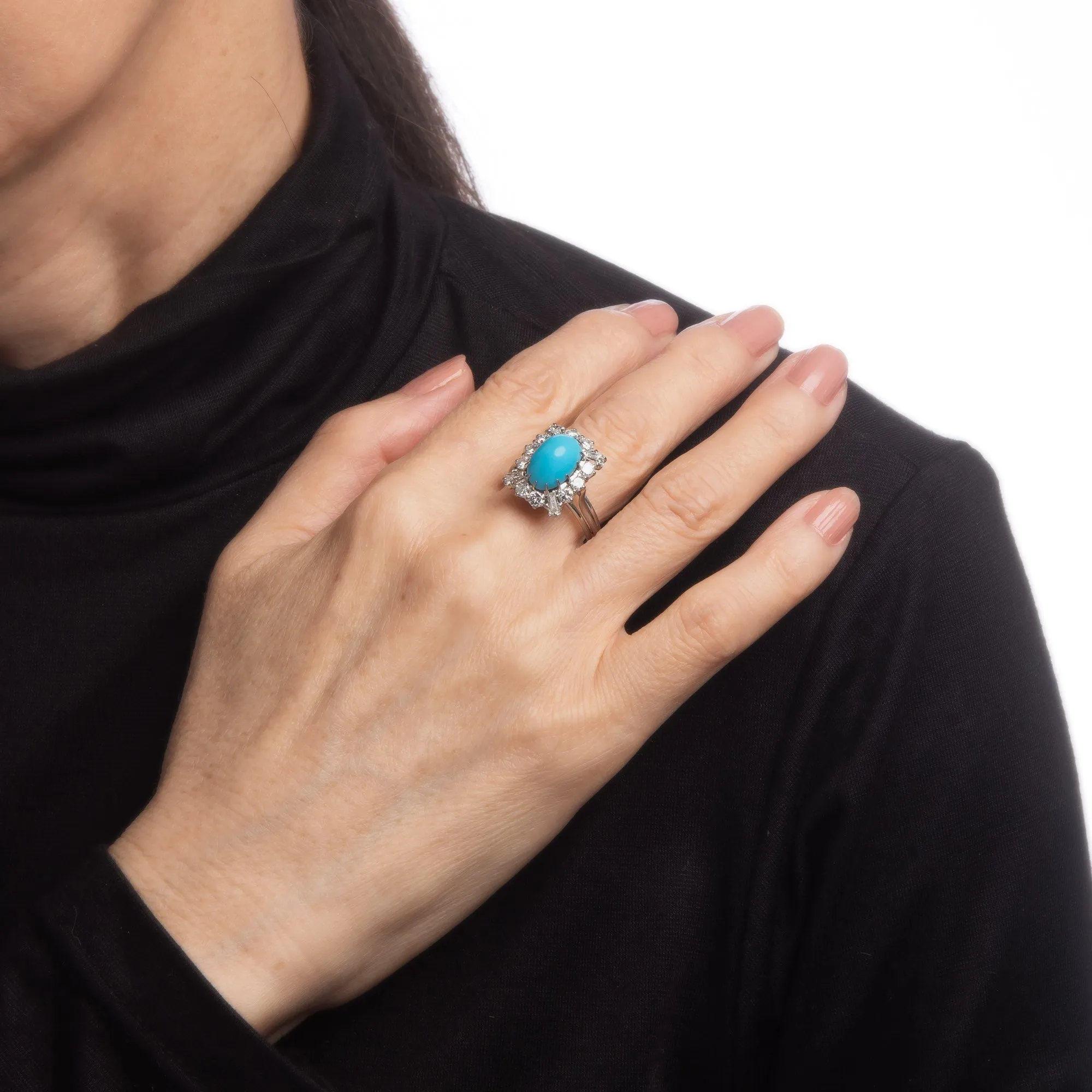 1ct Diamond Turquoise Square Ring Vintage 18k White Gold Cocktail Jewelry Sz 7.5