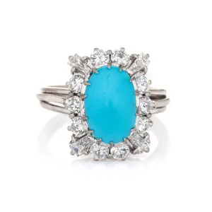 1ct Diamond Turquoise Square Ring Vintage 18k White Gold Cocktail Jewelry Sz 7.5