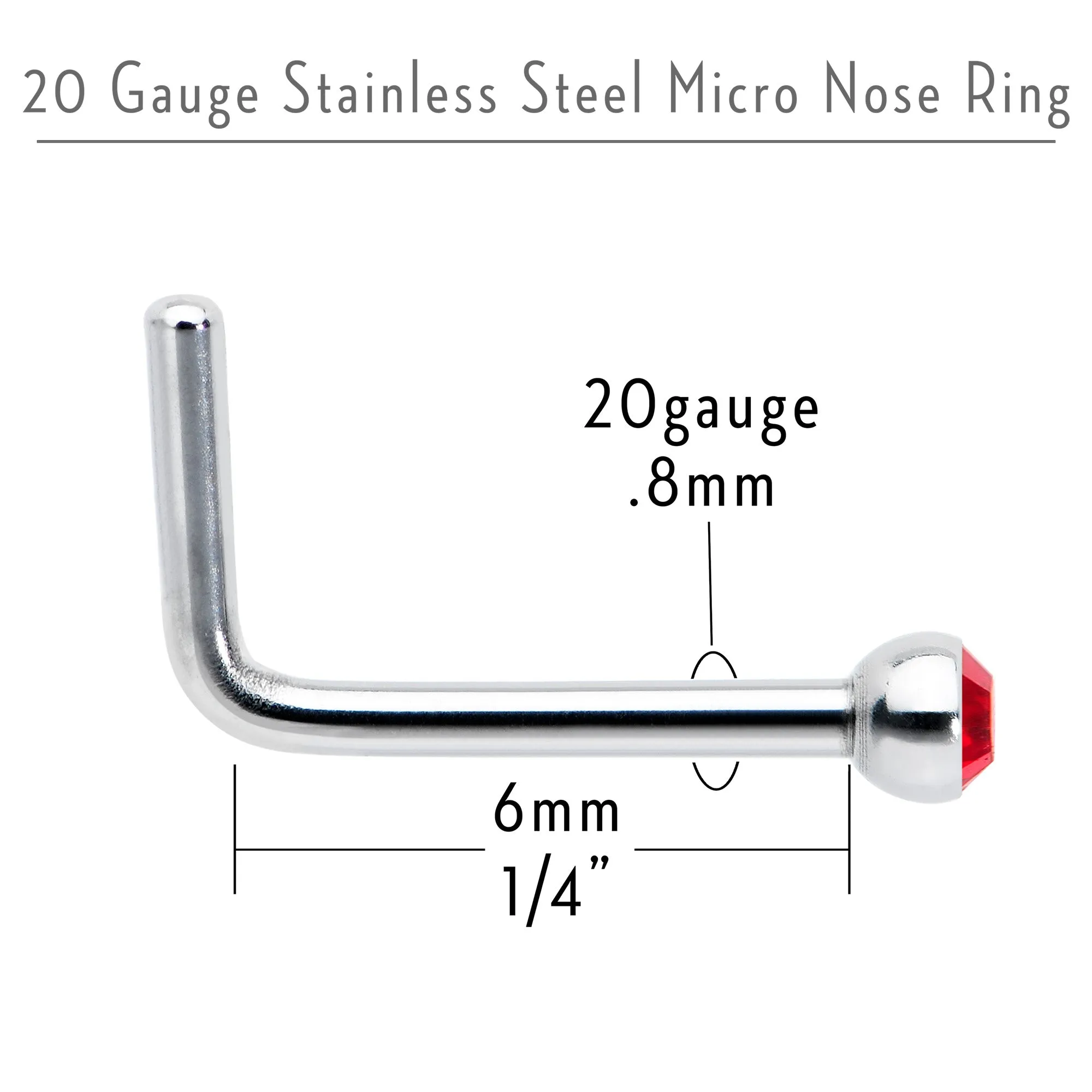 20 Gauge Stainless Steel Ruby Red Gem Micro Nose Ring L-Shaped