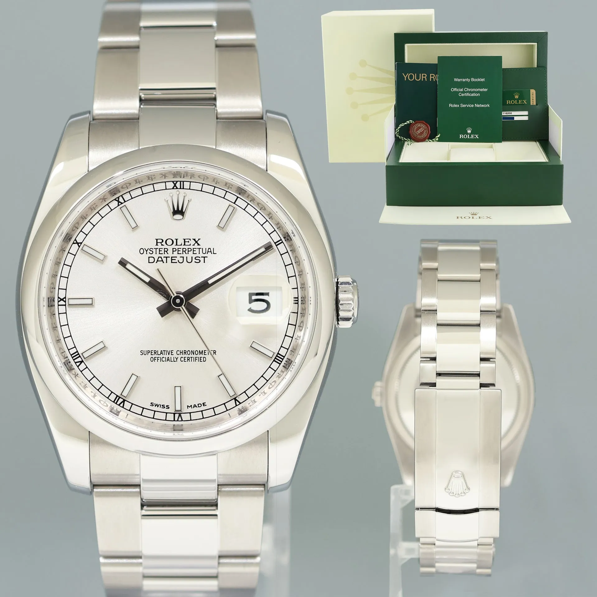 2010 PAPERS MINT Rolex DateJust 36 116200 Silver Stick Oyster Steel 36mm Watch Box