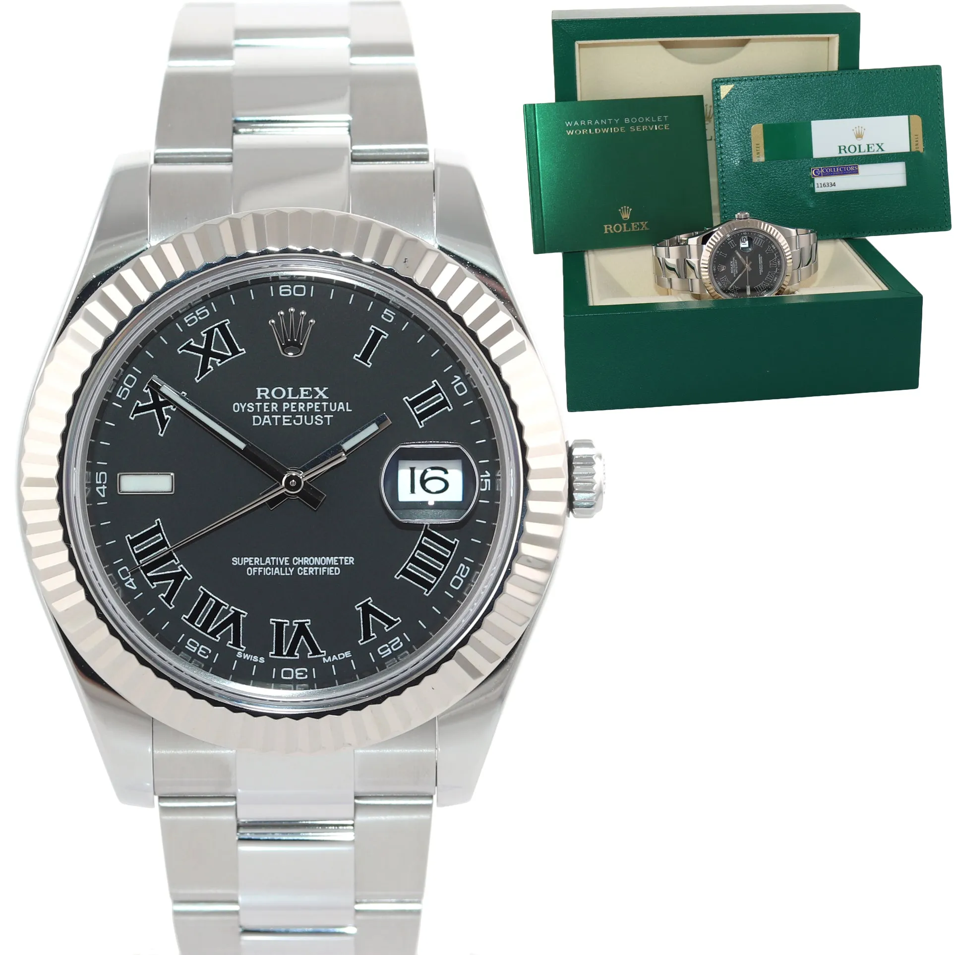 2015 PAPERS MINT Rolex DateJust 2 Steel Grey Roman Wimbledon 41mm 116334 Watch