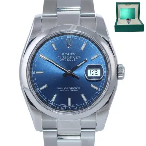 2016 Rolex DateJust 36 116200 Blue Stick Steel 36mm Smooth Bezel Watch Box