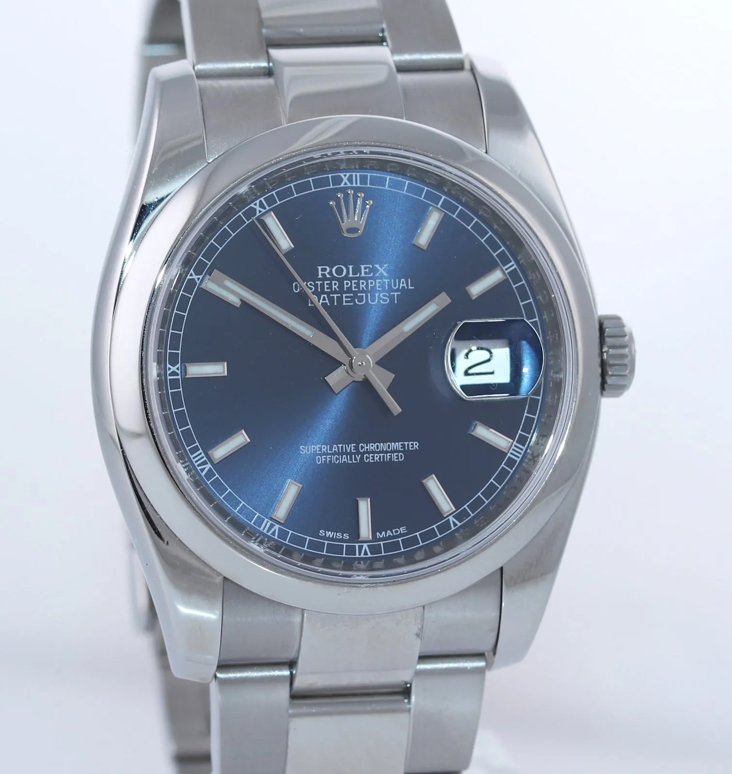 2016 Rolex DateJust 36 116200 Blue Stick Steel 36mm Smooth Bezel Watch Box