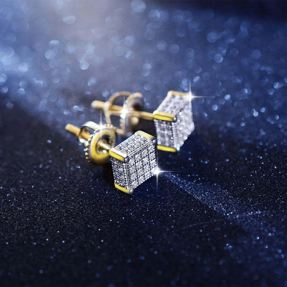 2023 New Jewelry Arrivals Square Micro Pave Zircon Hip Hop Iced Out Men Gold Silver Color Stud Earring