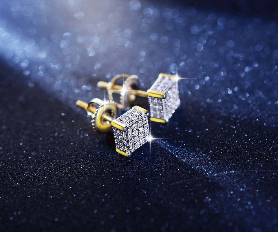 2023 New Jewelry Arrivals Square Micro Pave Zircon Hip Hop Iced Out Men Gold Silver Color Stud Earring