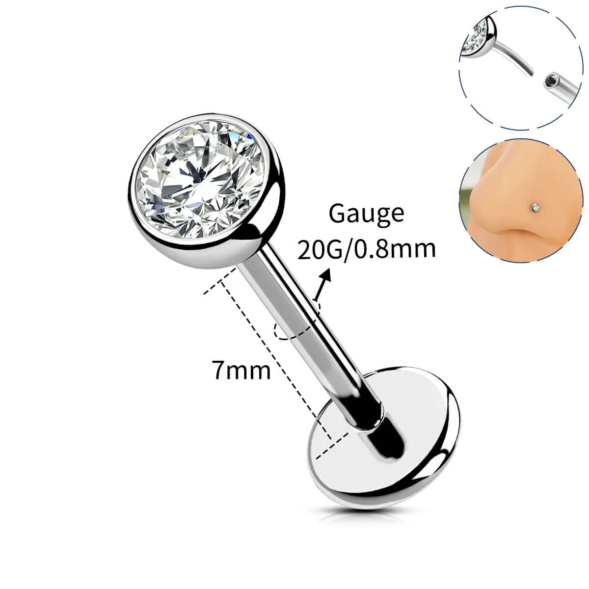 20G Titanium Push Pin Flat Back Nose Stud Helix/Cartilage Piercing Jewelry