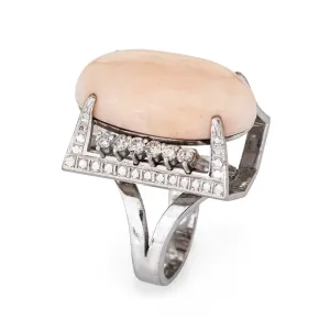 60s Angel Skin Coral Diamond Ring Vintage 14k White Gold Large Cocktail Sz 7