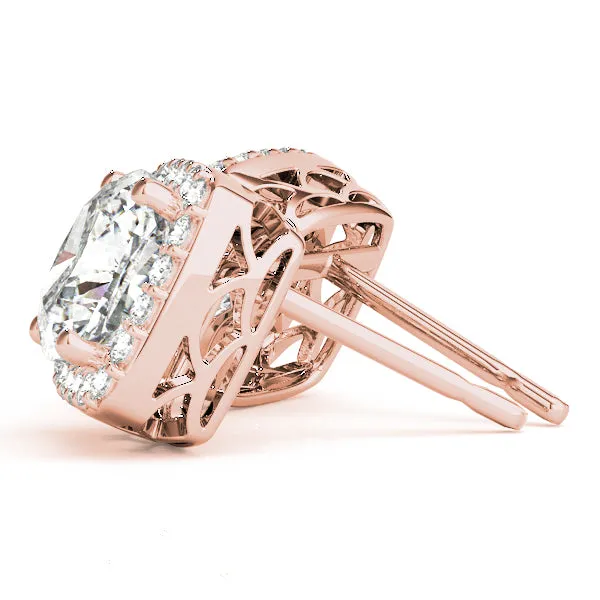 6.40 ct wt Halo Cushion Cut 14k Rose Gold Basket Moissanite Stud Earrings