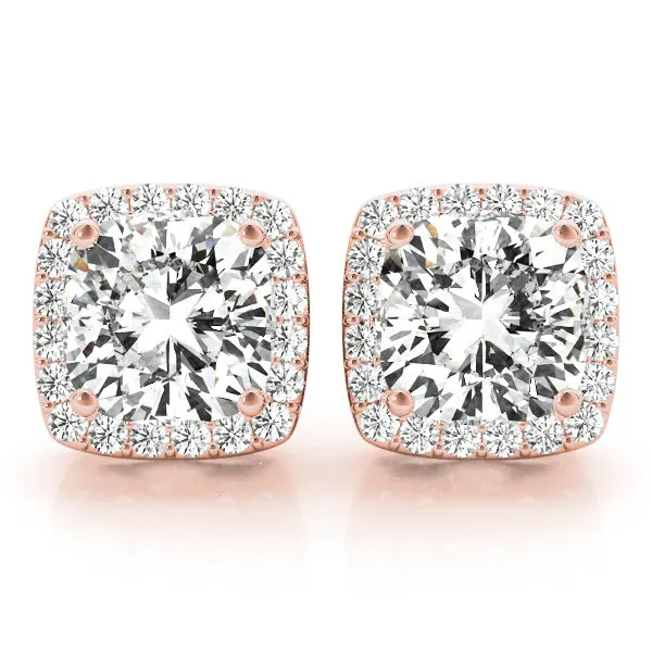 6.40 ct wt Halo Cushion Cut 14k Rose Gold Basket Moissanite Stud Earrings