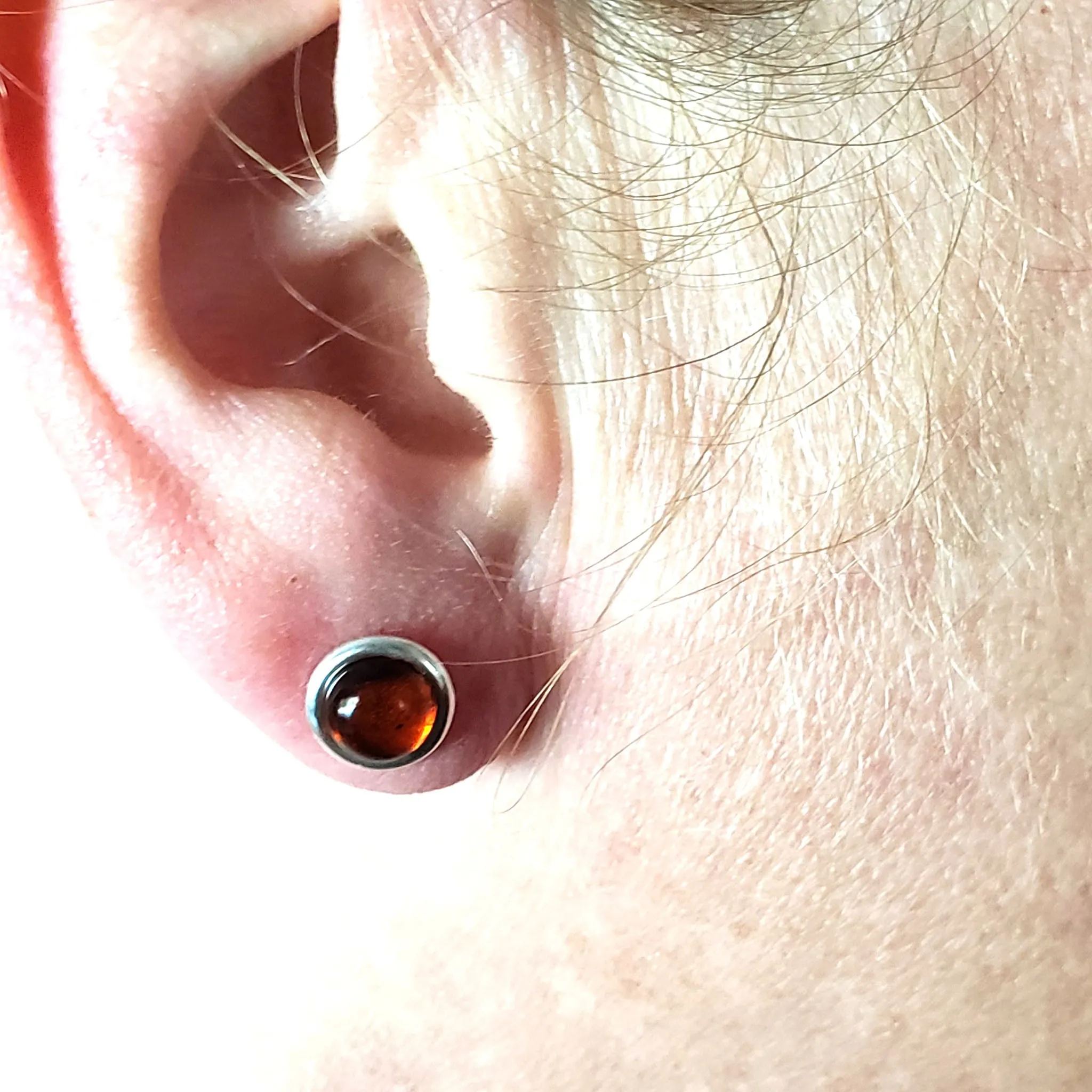 8mm Cognac Amber Sterling Silver Round Classic Stud Earrings