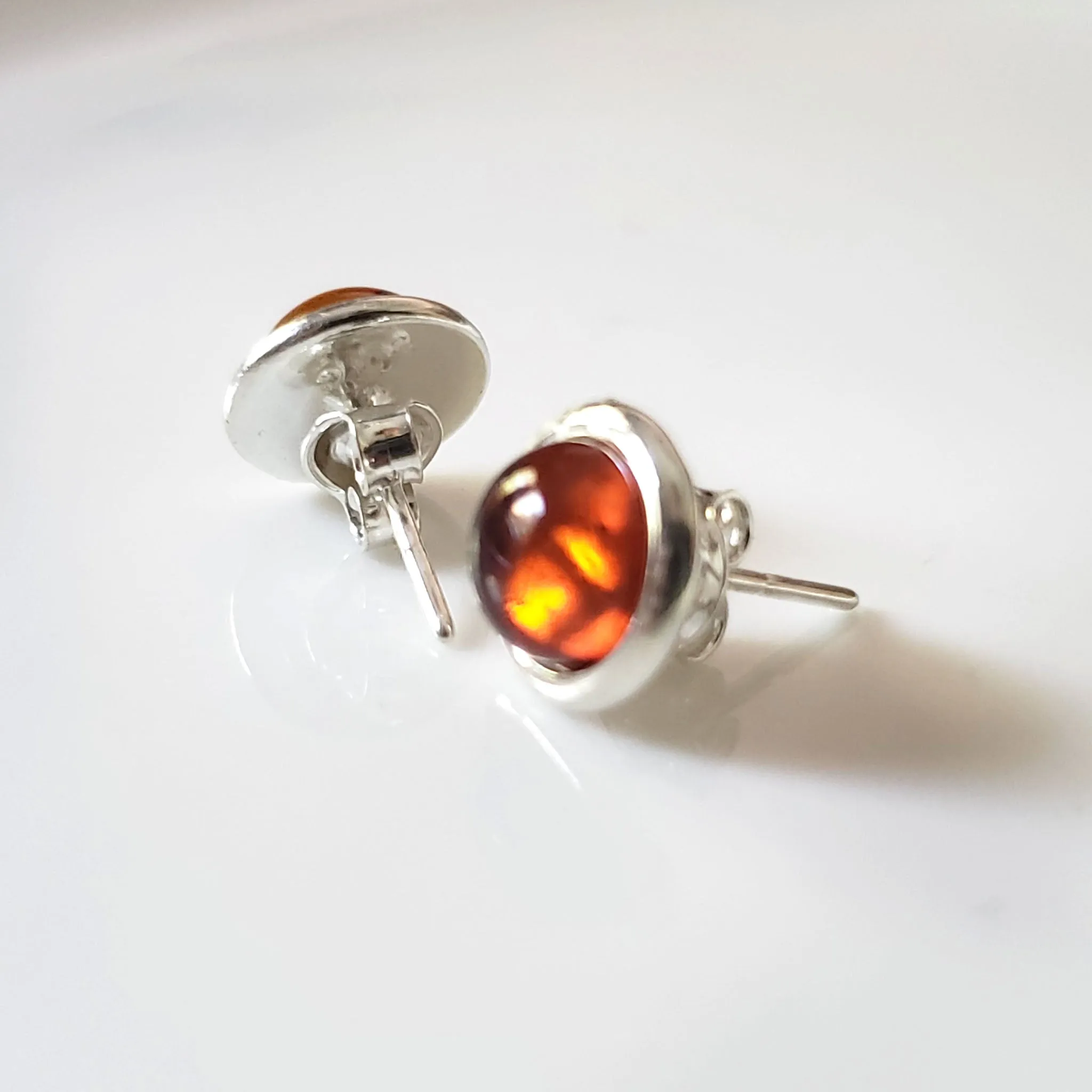 8mm Cognac Amber Sterling Silver Round Classic Stud Earrings
