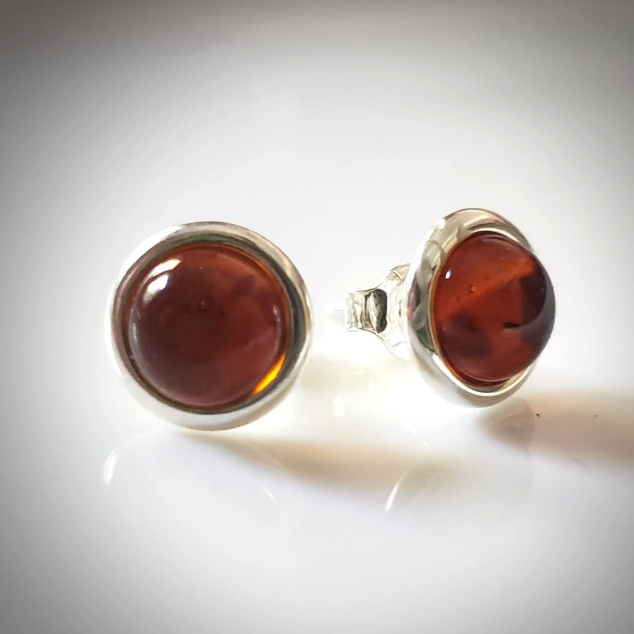 8mm Cognac Amber Sterling Silver Round Classic Stud Earrings