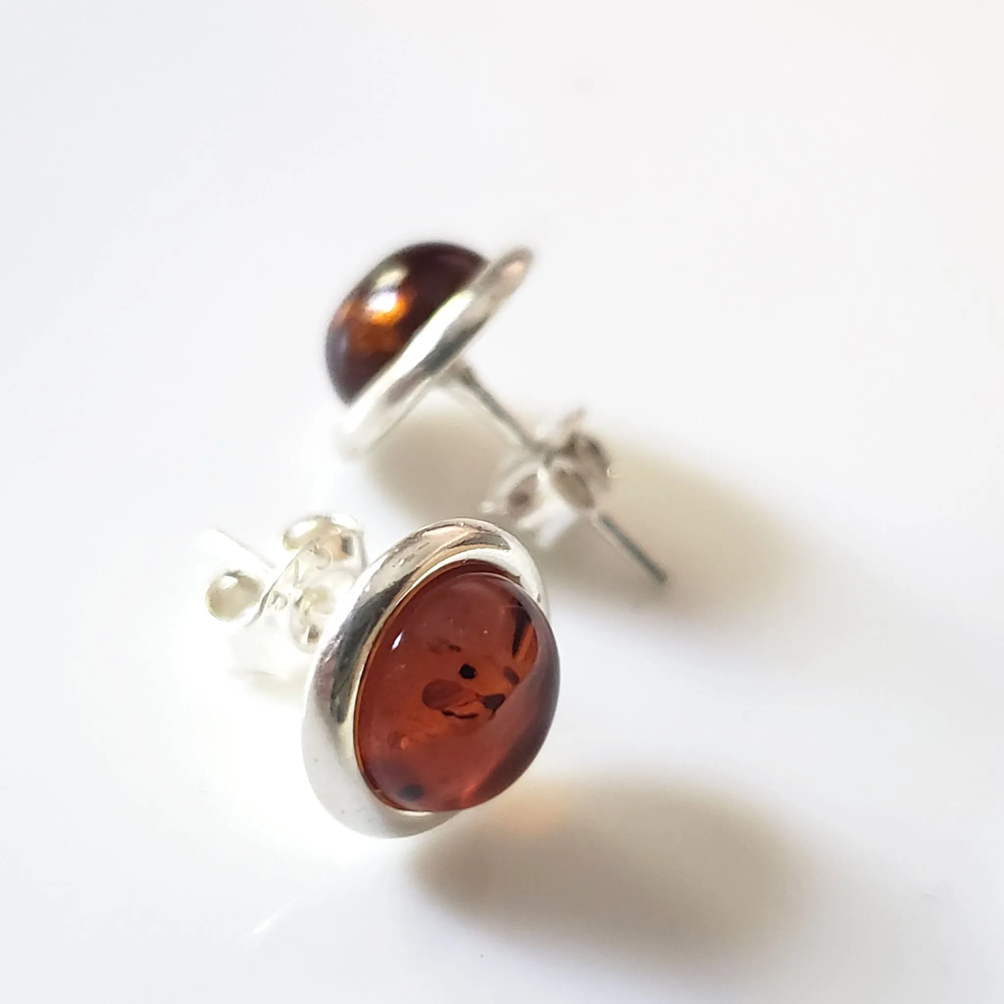 8mm Cognac Amber Sterling Silver Round Classic Stud Earrings