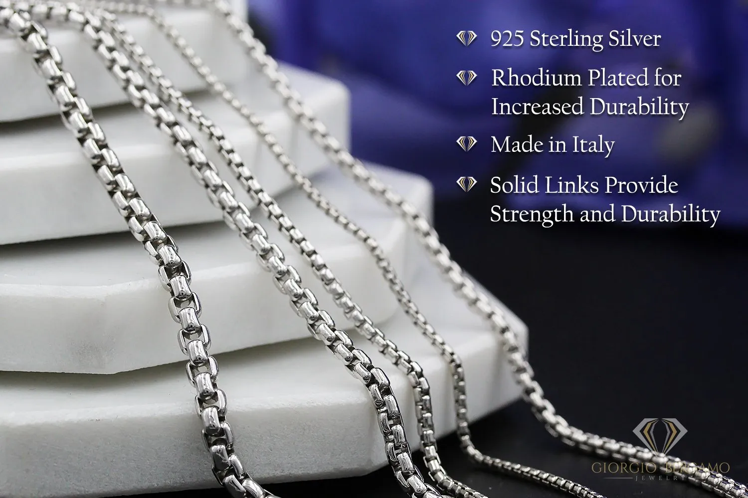 925 Sterling Silver 1.5mm Round Box Rhodium Chain
