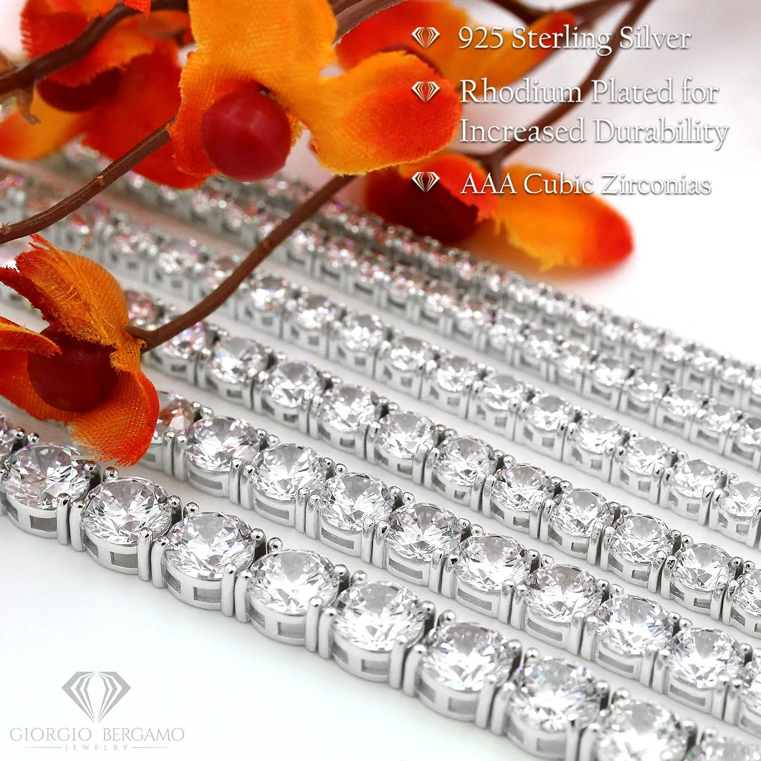 925 Sterling Silver 2.5mm Round Cut Tennis Bracelet, Rhodium Plated