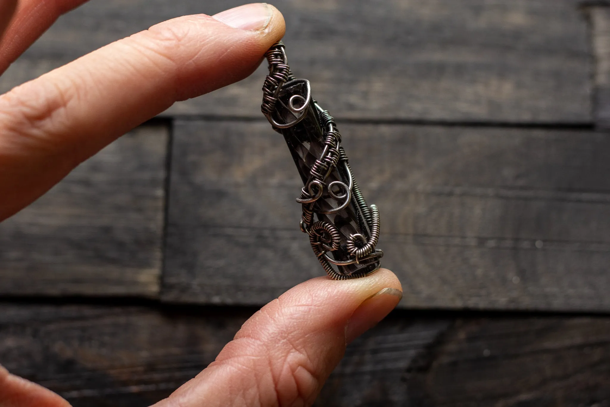 Abstract Sterling Silver Wire Wrapped Pendant with Striped Glass Pattern Rod