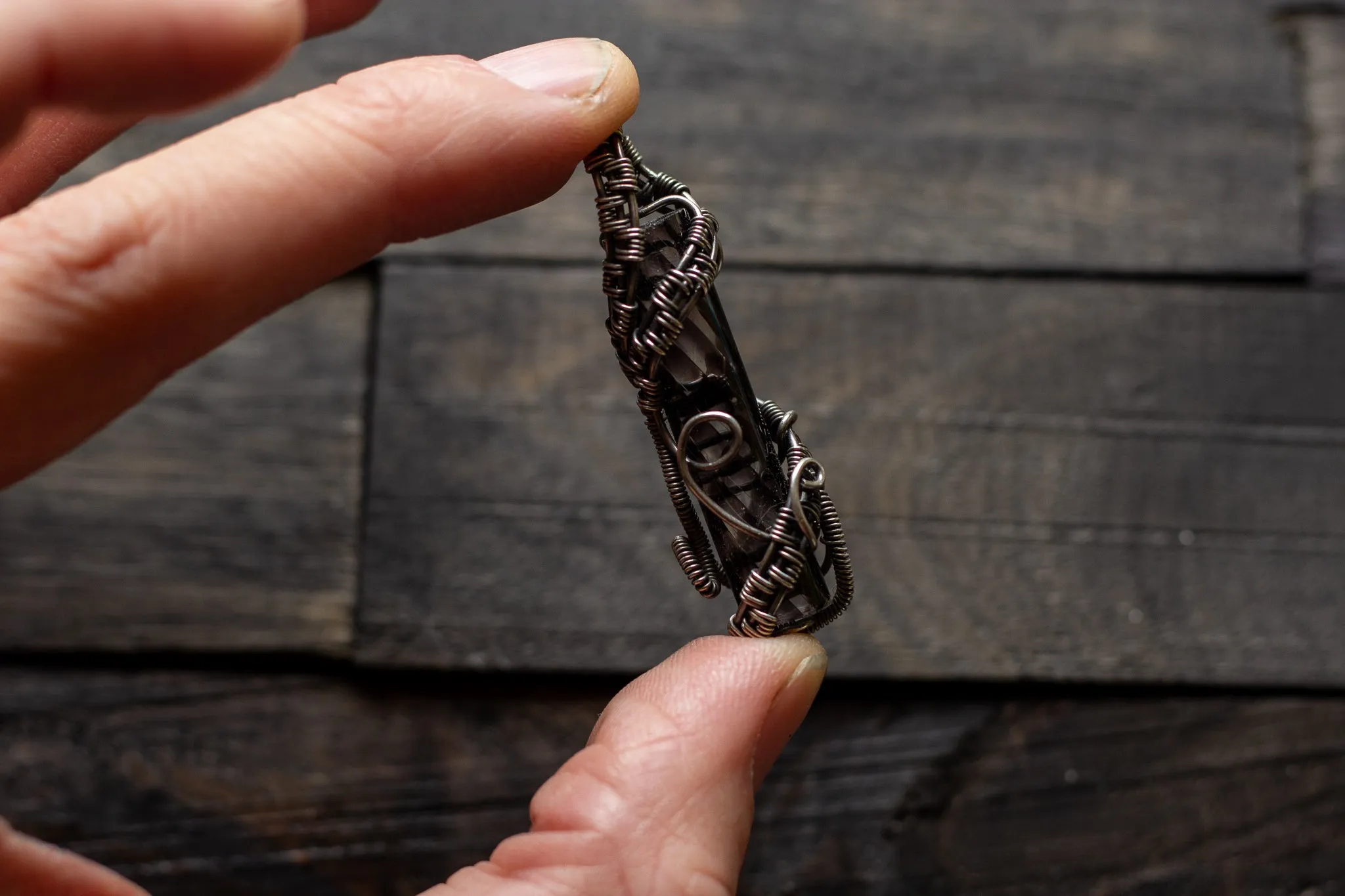 Abstract Sterling Silver Wire Wrapped Pendant with Striped Glass Pattern Rod