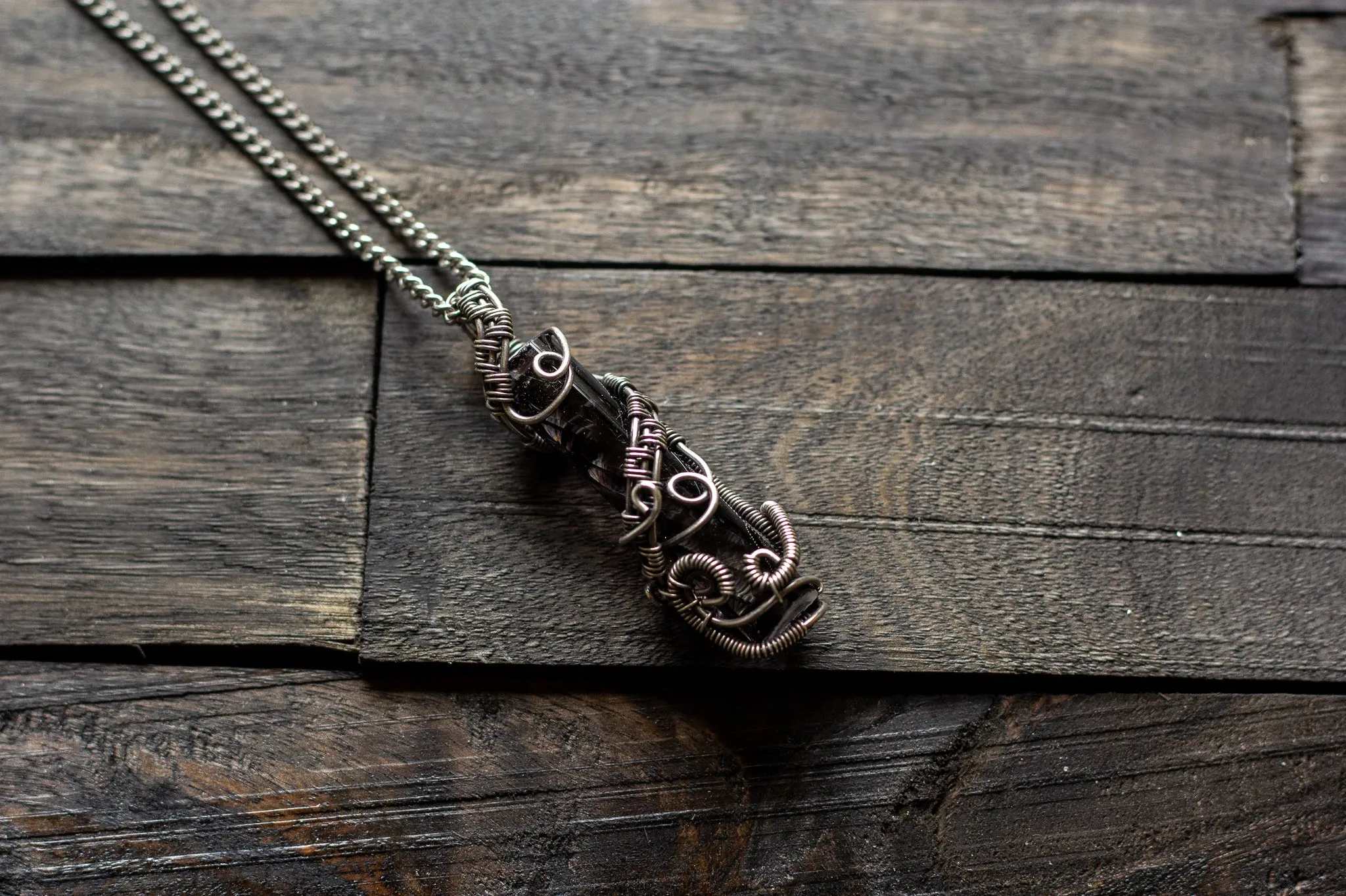 Abstract Sterling Silver Wire Wrapped Pendant with Striped Glass Pattern Rod