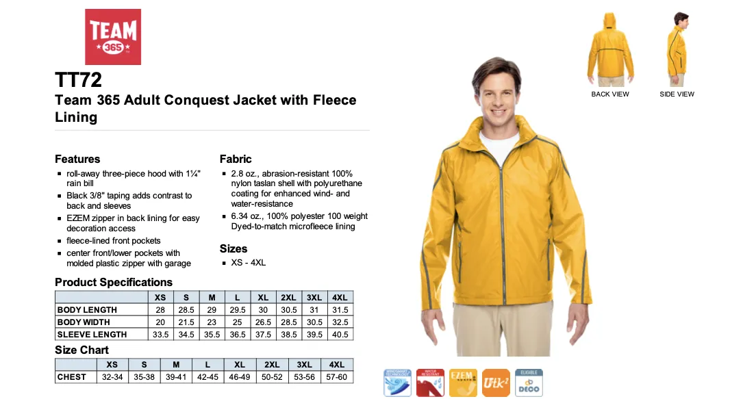Adult Conquest Jacket with Fleece Lining- Unisex