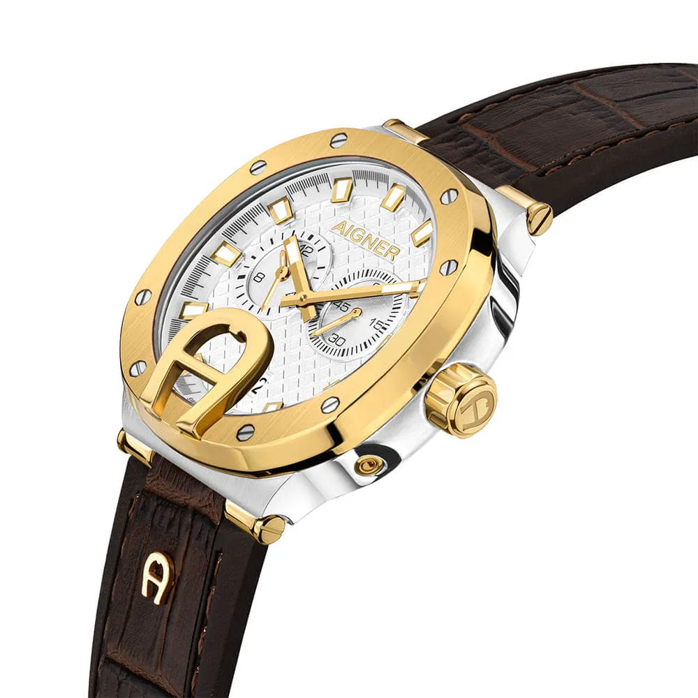 Aigner Taviano Men's Silver Dial Stainless Steel/Gold Plated Case With Brown Leather Strap WAtch