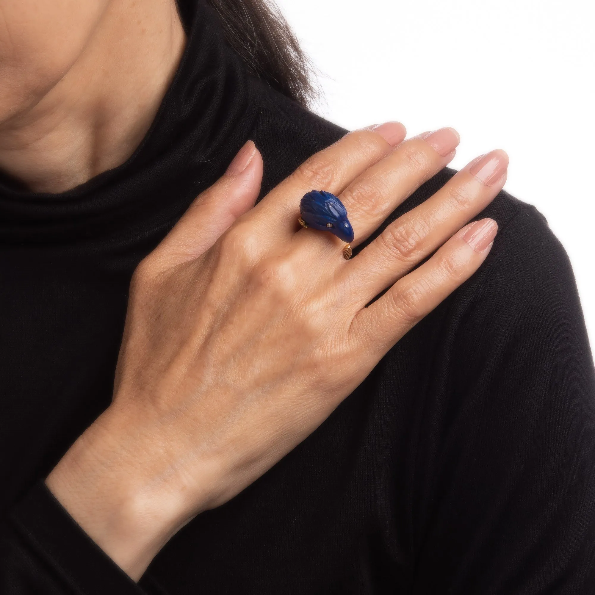 American Bald Eagle Ring Carved Lapis Lazuli 18k Yellow Gold Vintage Jewelry 5