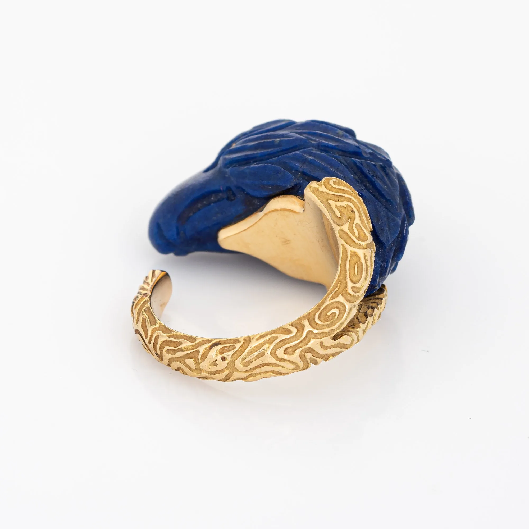 American Bald Eagle Ring Carved Lapis Lazuli 18k Yellow Gold Vintage Jewelry 5