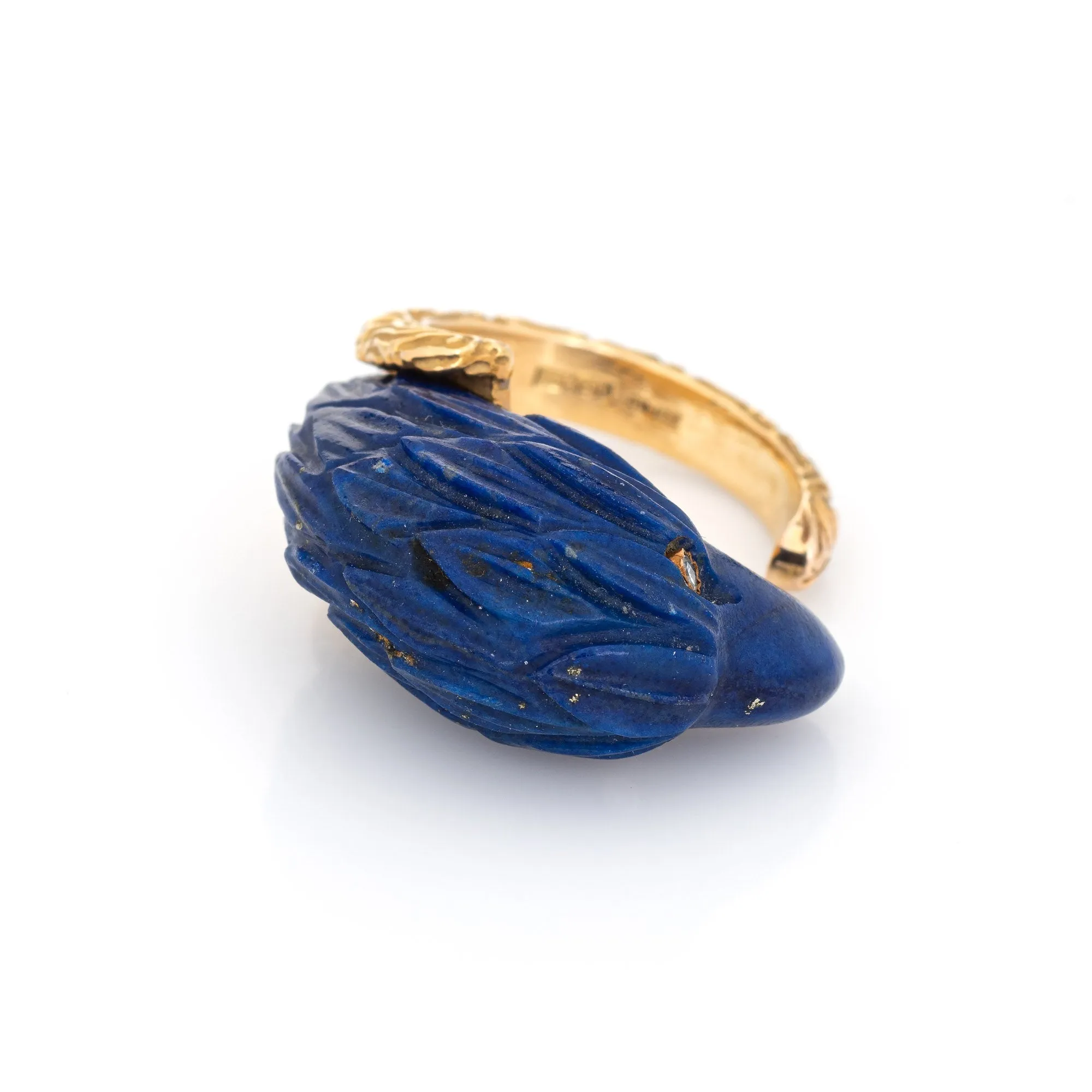 American Bald Eagle Ring Carved Lapis Lazuli 18k Yellow Gold Vintage Jewelry 5