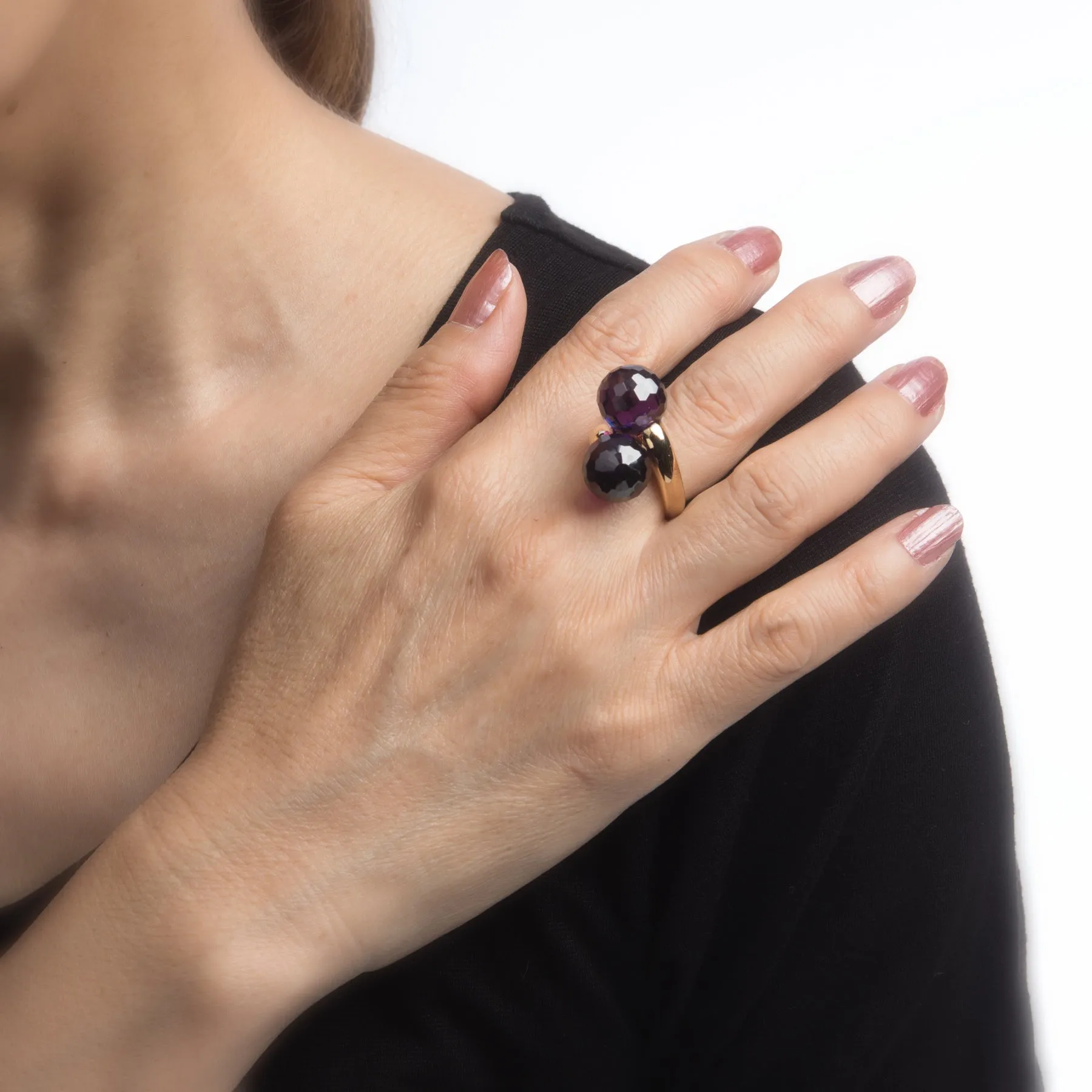 Amethyst Bypass Ring Double Orb Moi et Toi 18k Yellow Gold Vintage Jewelry 5.75