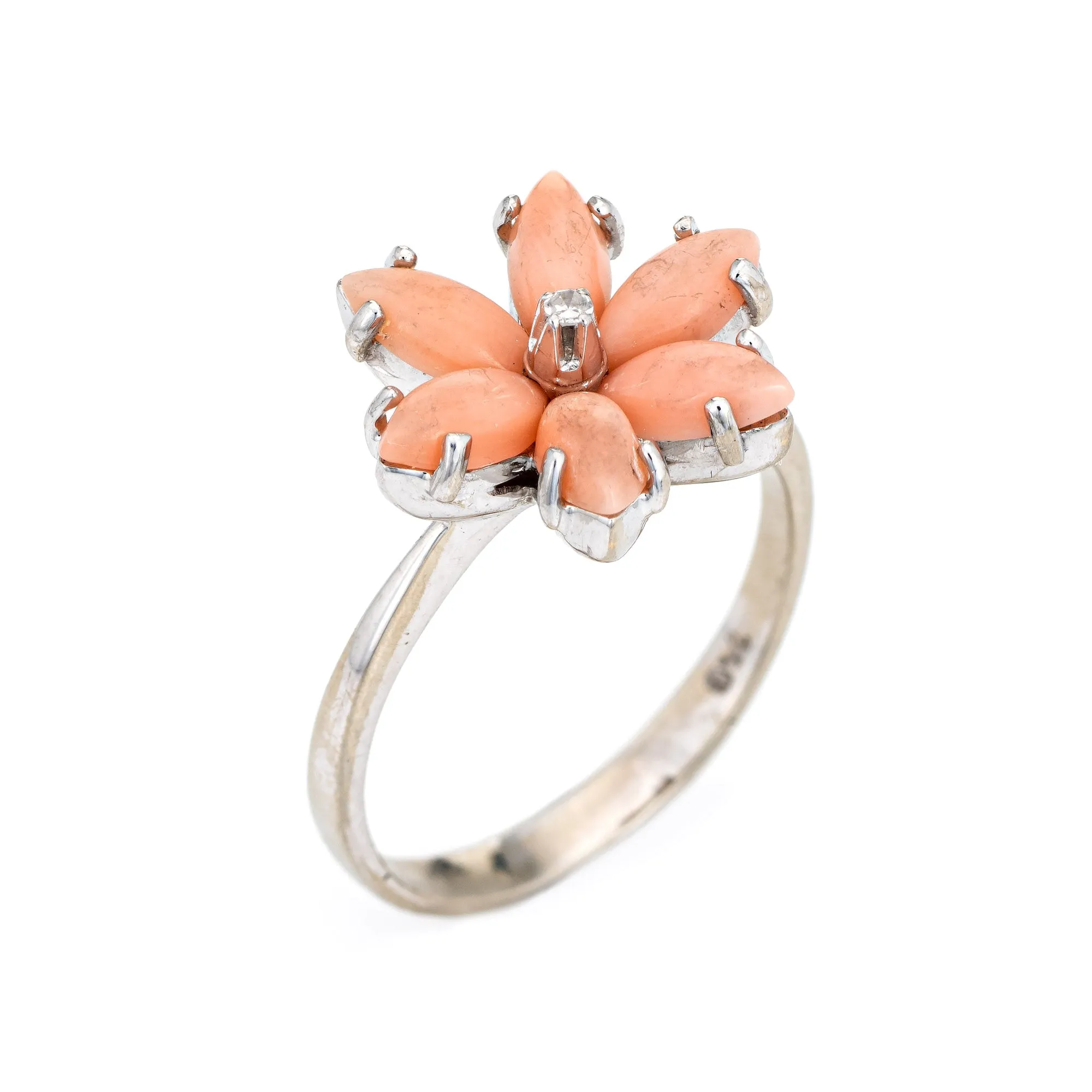 Angel Skin Coral Diamond Ring Estate 18k White Gold Flower Jewelry Sz 6.75