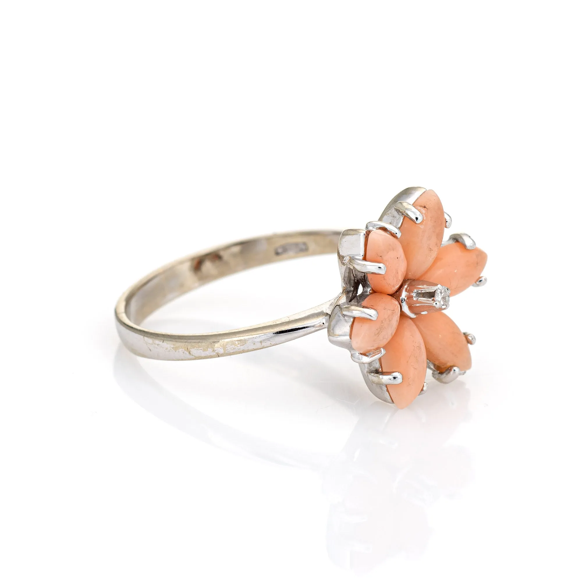 Angel Skin Coral Diamond Ring Estate 18k White Gold Flower Jewelry Sz 6.75