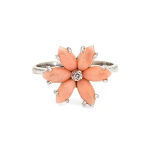 Angel Skin Coral Diamond Ring Estate 18k White Gold Flower Jewelry Sz 6.75