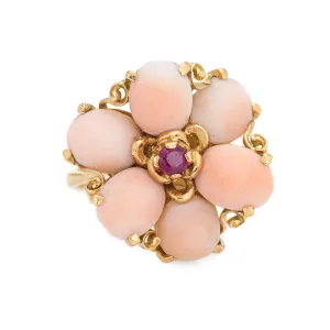 Angel Skin Coral Ruby Ring 70s Vintage 18k Yellow Gold Flower Jewelry Sz 5.5