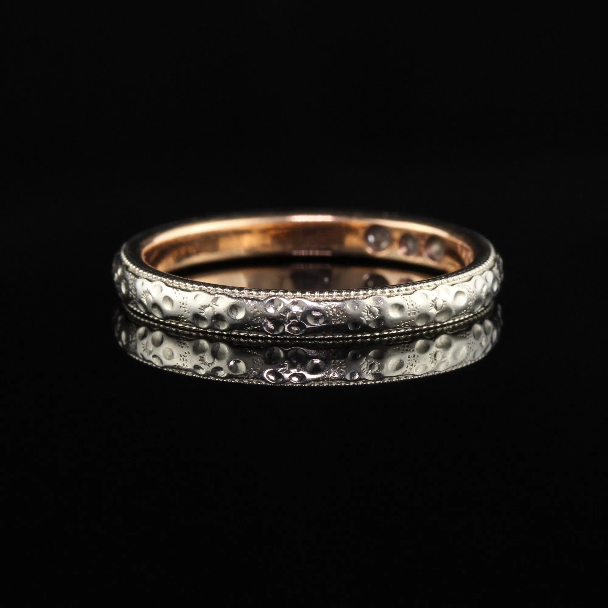 Antique Art Deco 18K White Gold Two Tone 3 Stone Diamond Wedding Band - Size 7 3/4