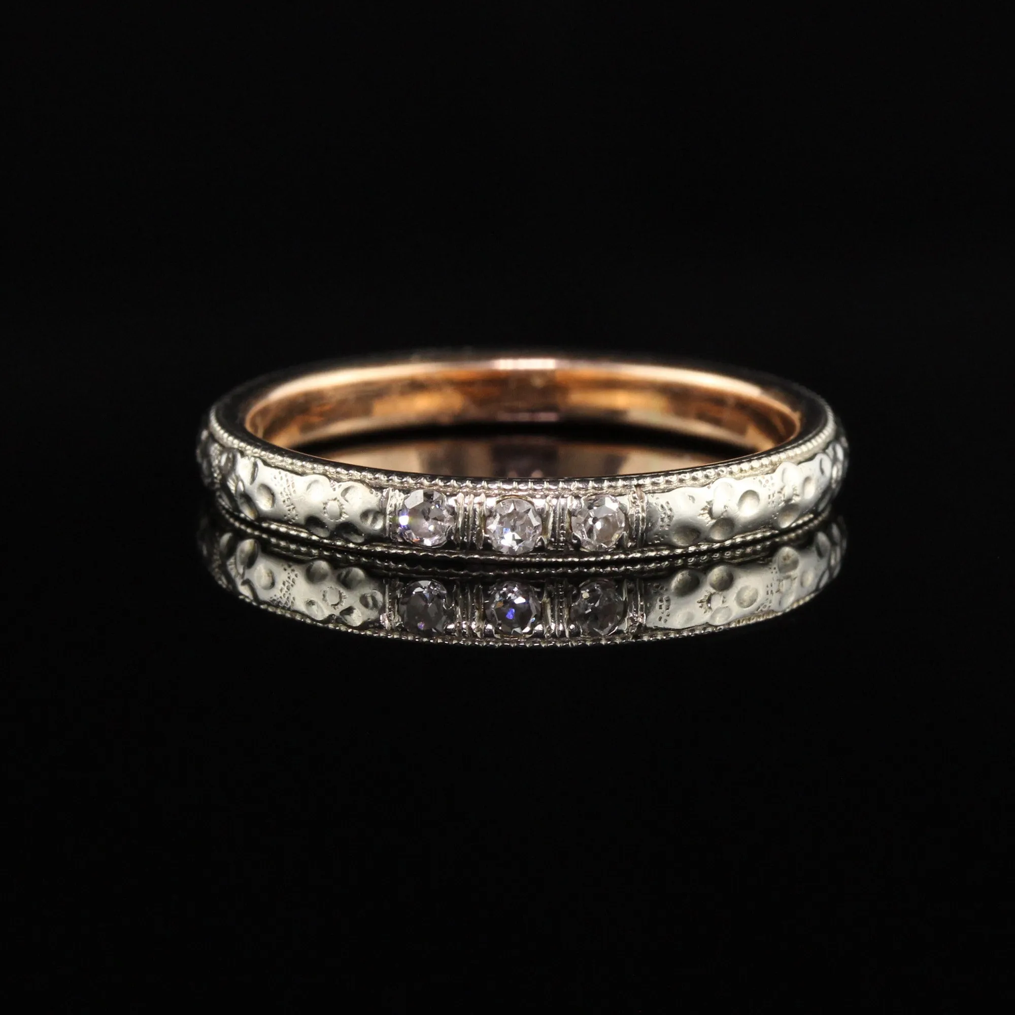 Antique Art Deco 18K White Gold Two Tone 3 Stone Diamond Wedding Band - Size 7 3/4