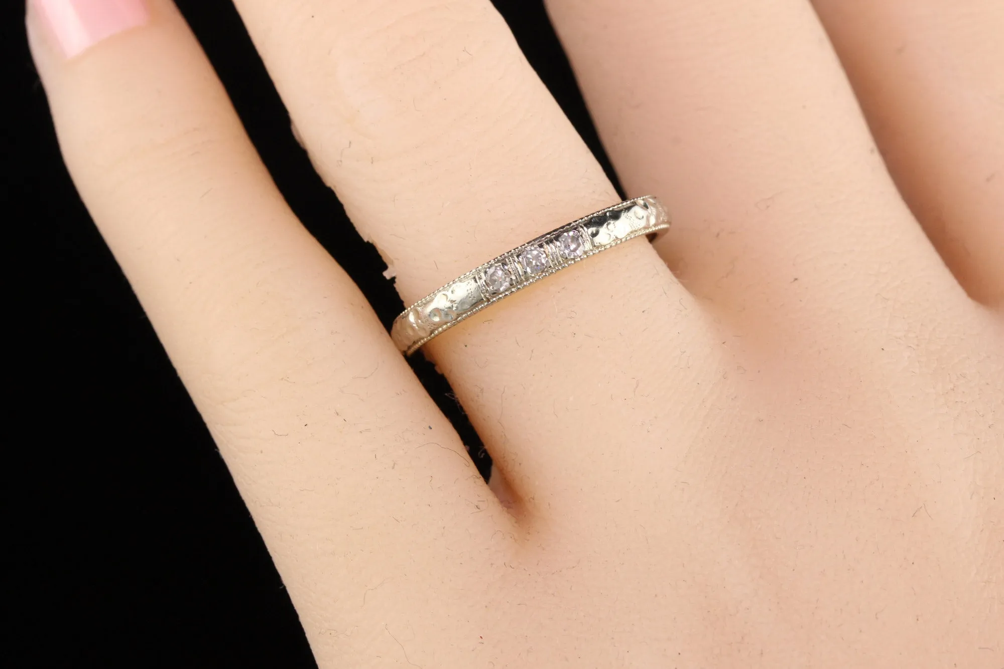 Antique Art Deco 18K White Gold Two Tone 3 Stone Diamond Wedding Band - Size 7 3/4