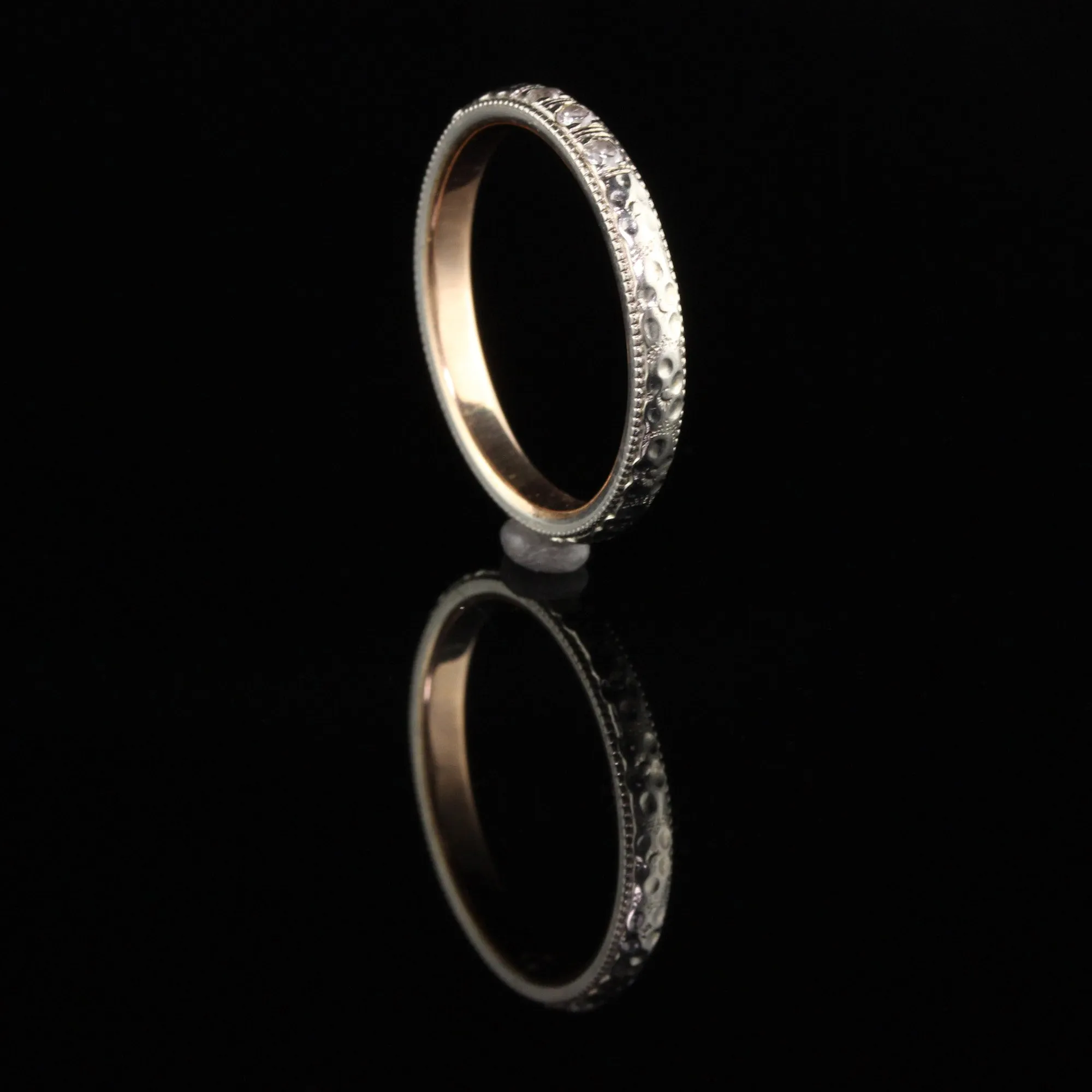 Antique Art Deco 18K White Gold Two Tone 3 Stone Diamond Wedding Band - Size 7 3/4